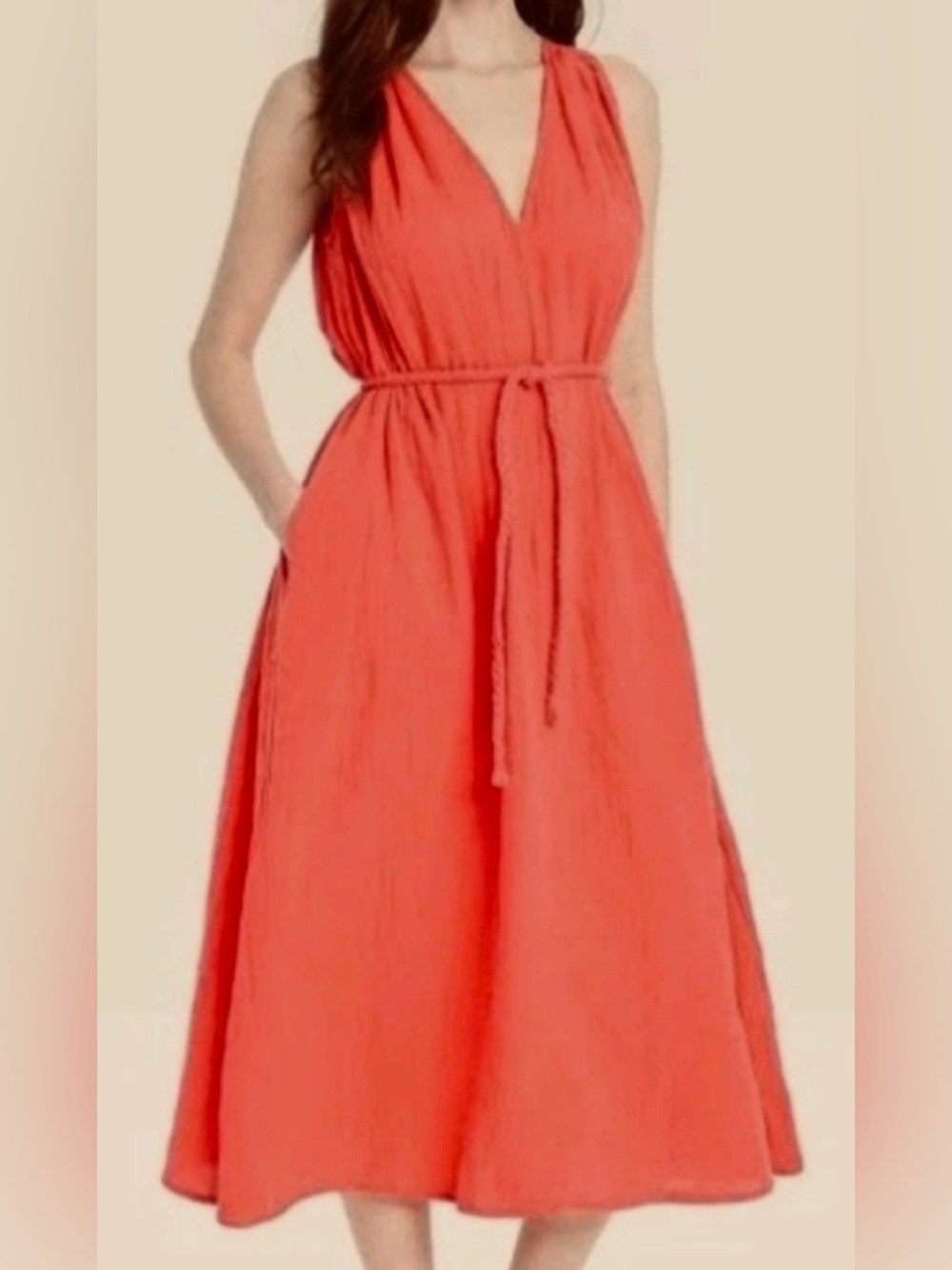 American Threads Coral Sleeveless V-Neck Midi Dress with Tie Waist